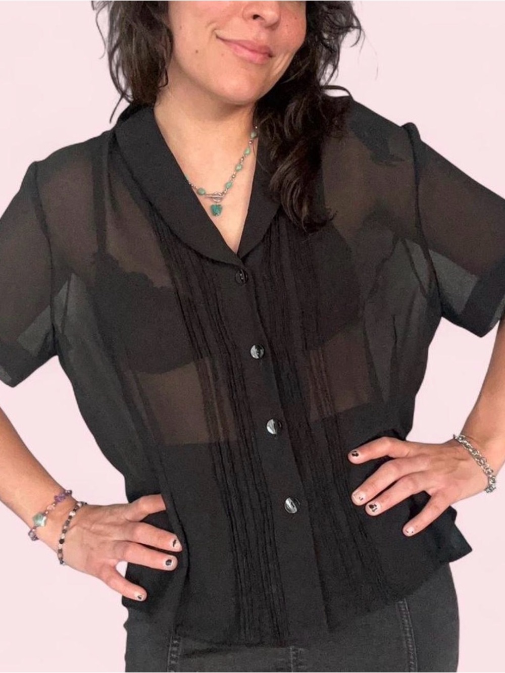 Sheer Black Short-Sleeve Button Front Blouse